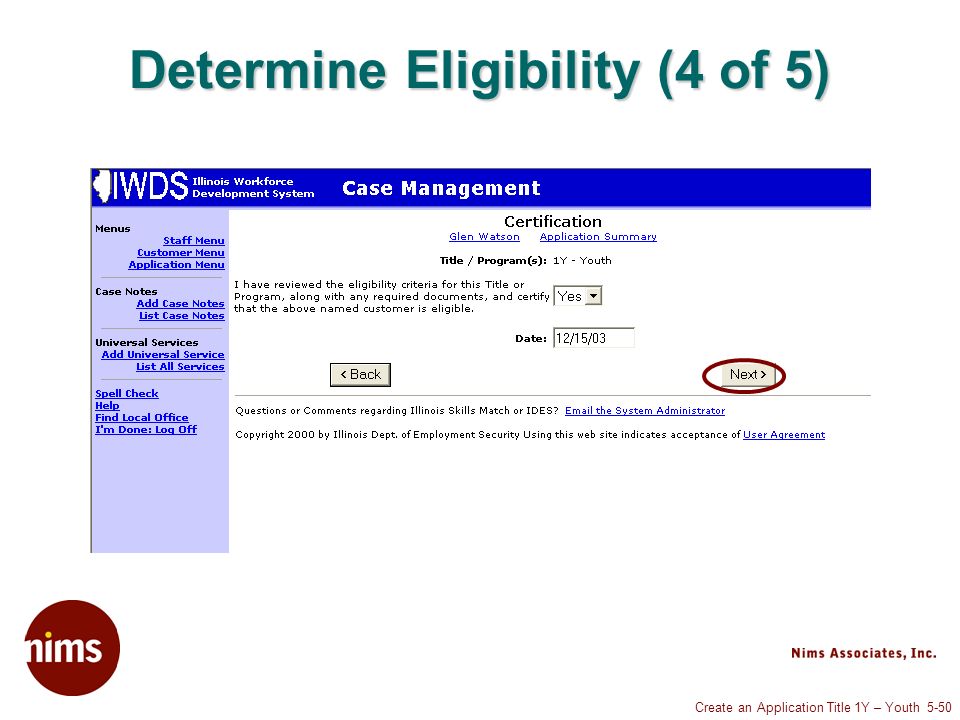 Create an Application Title 1Y – Youth 5-50 Determine Eligibility (4 of 5)