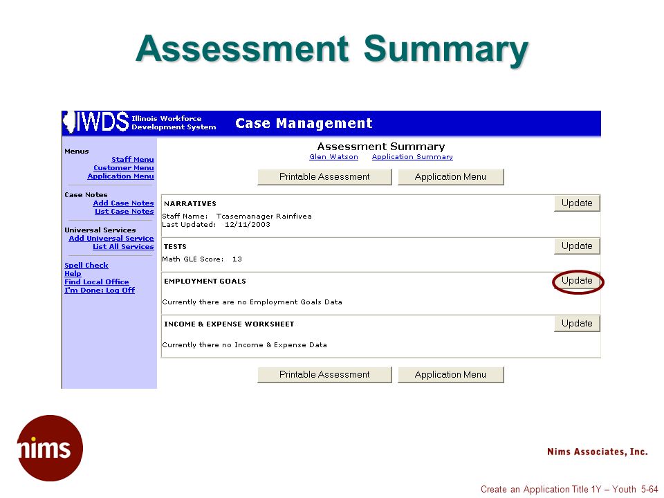 Create an Application Title 1Y – Youth 5-64 Assessment Summary