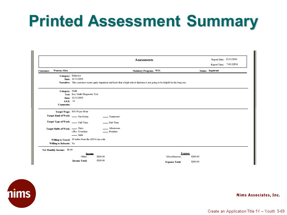 Create an Application Title 1Y – Youth 5-69 Printed Assessment Summary