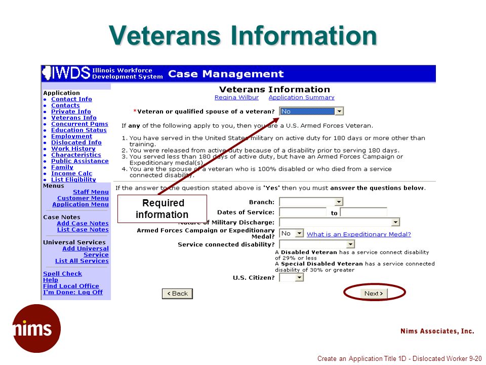 Create an Application Title 1D - Dislocated Worker 9-20 Veterans Information Required information