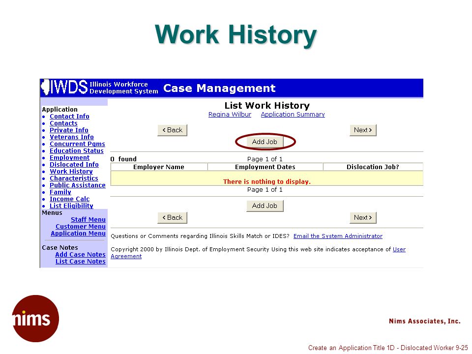 Create an Application Title 1D - Dislocated Worker 9-25 Work History