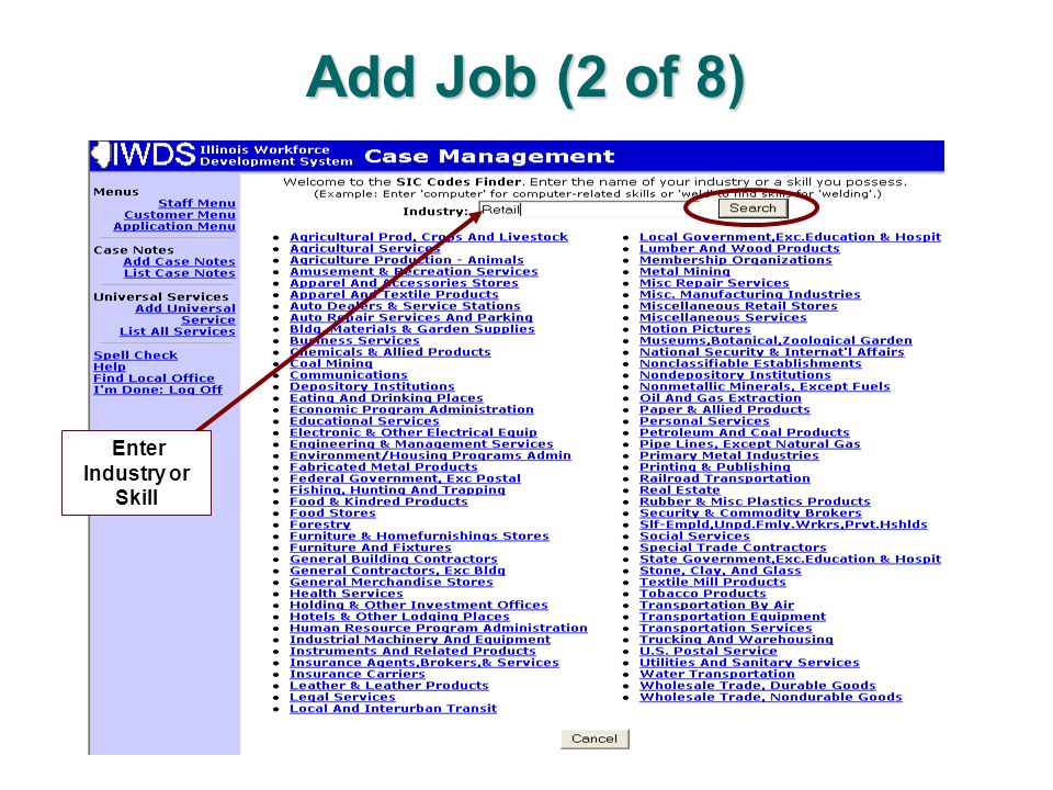 Add Job (2 of 8) Enter Industry or Skill