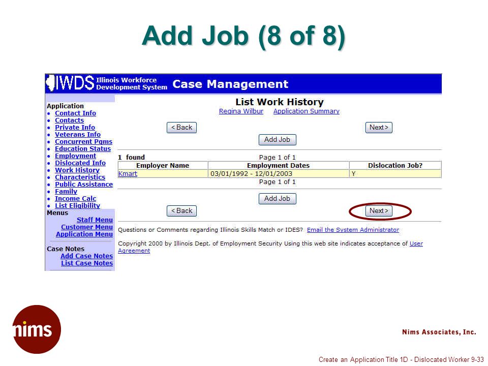 Create an Application Title 1D - Dislocated Worker 9-33 Add Job (8 of 8)
