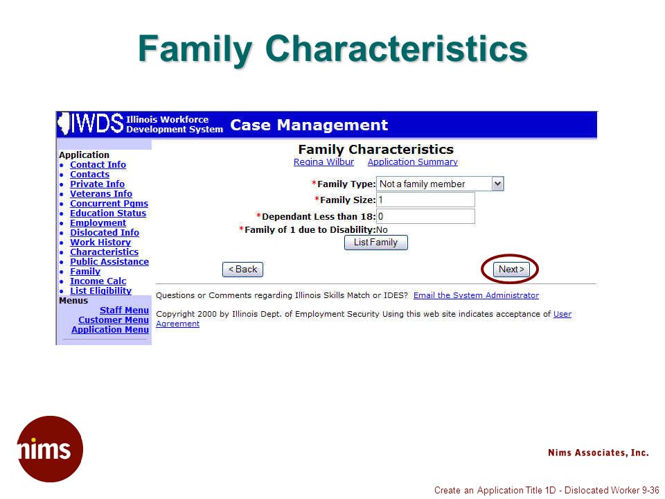Create an Application Title 1D - Dislocated Worker 9-36 Family Characteristics