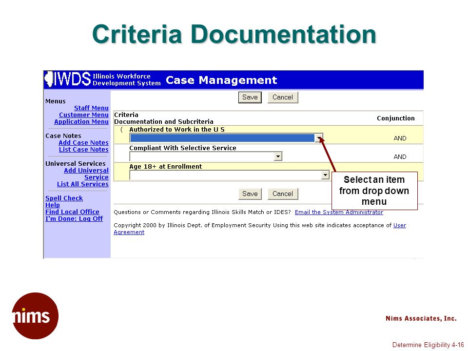 Determine Eligibility 4-16 Criteria Documentation Select an item from drop down menu