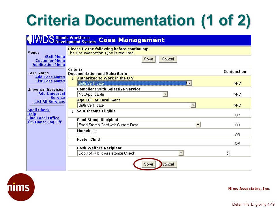 Determine Eligibility 4-19 Criteria Documentation (1 of 2)