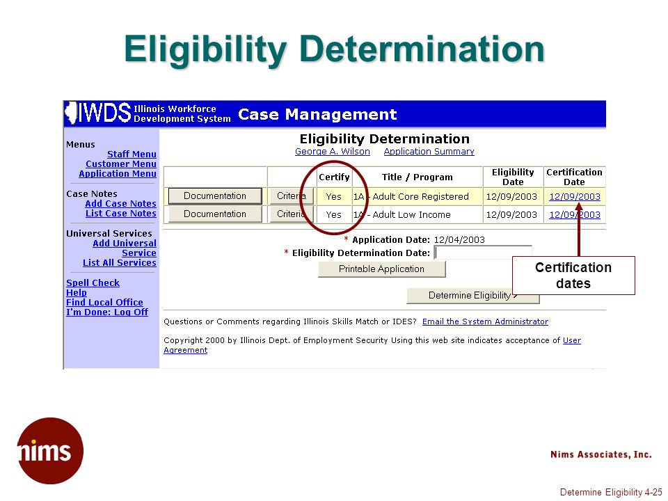 Determine Eligibility 4-25 Eligibility Determination Certification dates