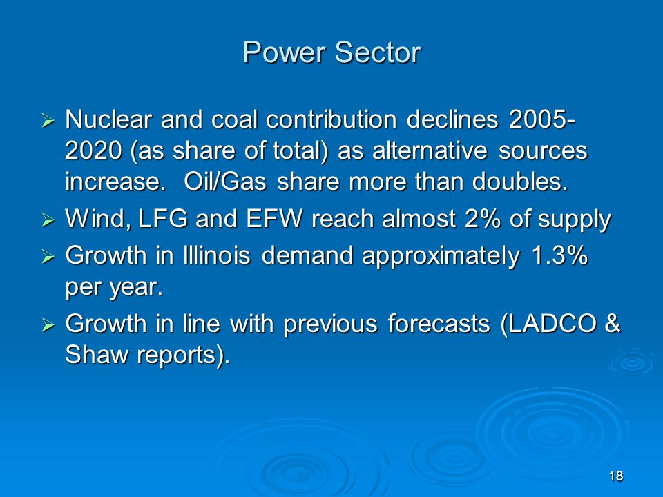 18 Power Sector Nuclear and coal contribution declines (as share of total) as alternative sources increase.