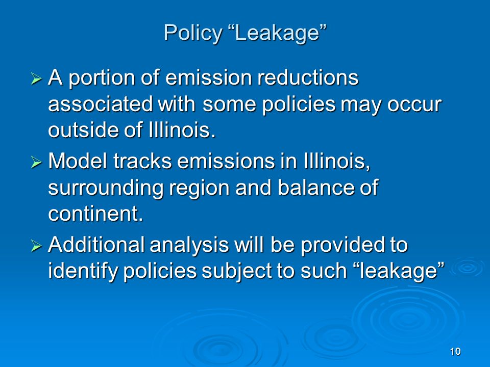 10 Policy Leakage A portion of emission reductions associated with some policies may occur outside of Illinois.