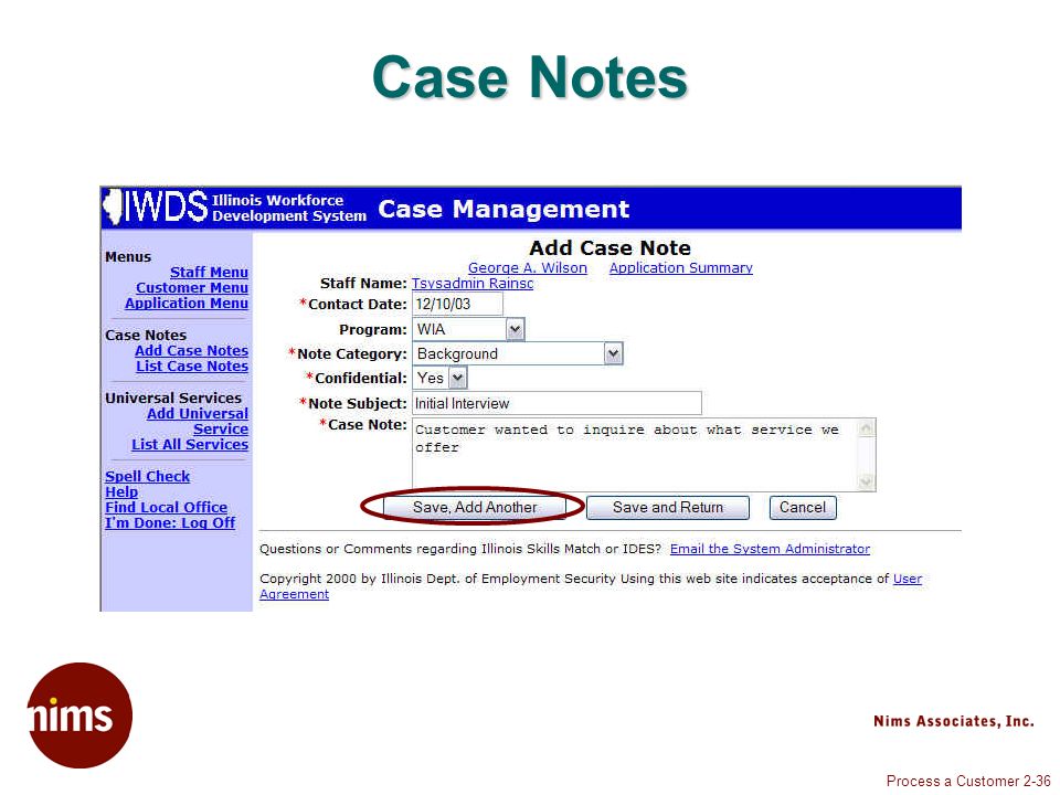 Process a Customer 2-36 Case Notes