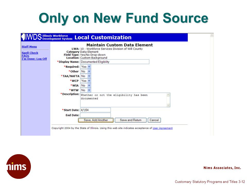 Customary Statutory Programs and Titles 3-12 Only on New Fund Source