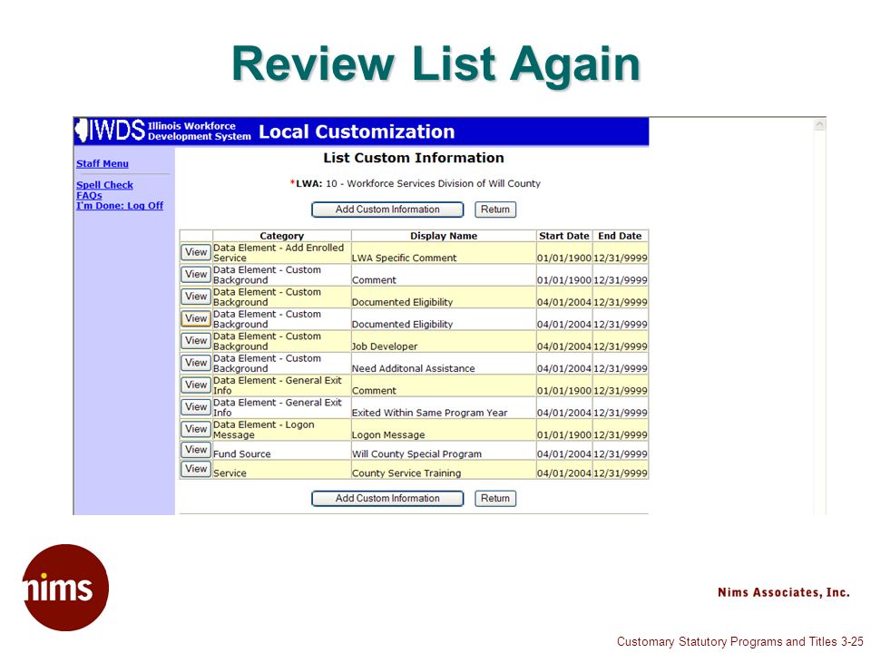 Customary Statutory Programs and Titles 3-25 Review List Again