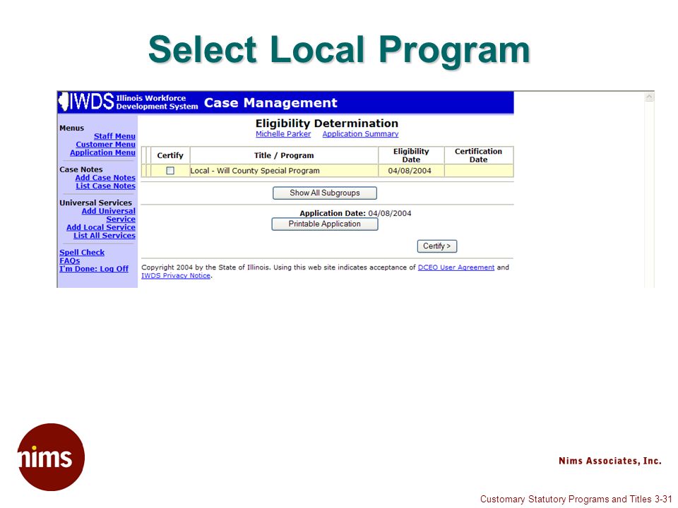Customary Statutory Programs and Titles 3-31 Select Local Program