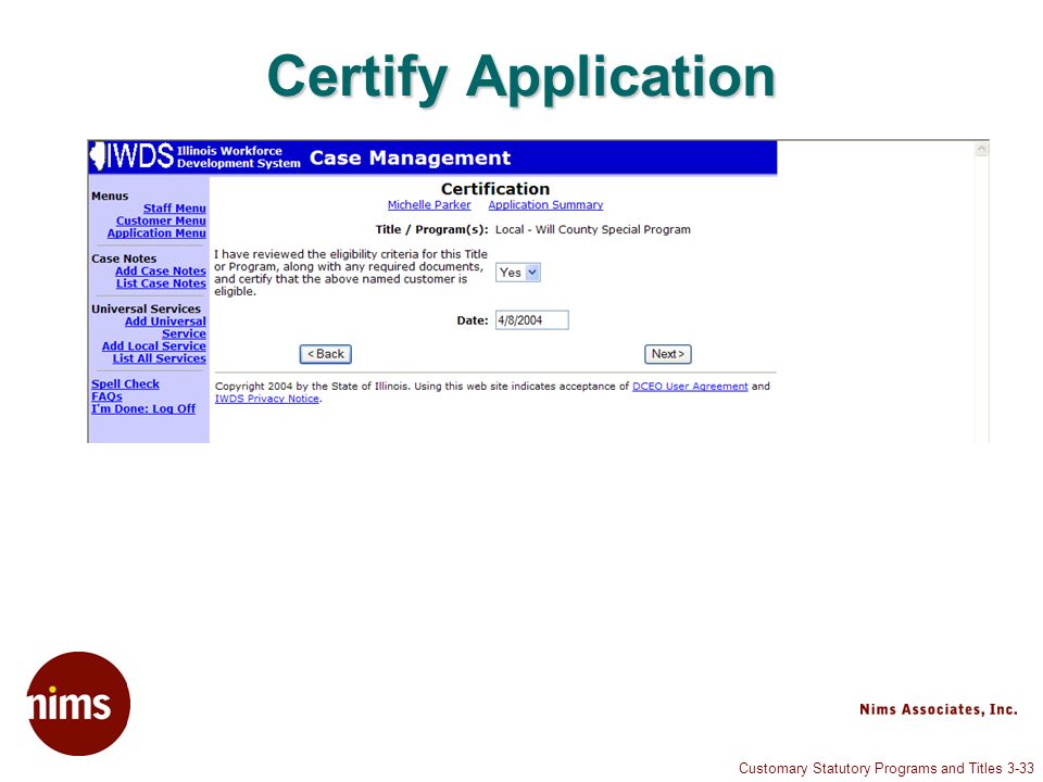 Customary Statutory Programs and Titles 3-33 Certify Application