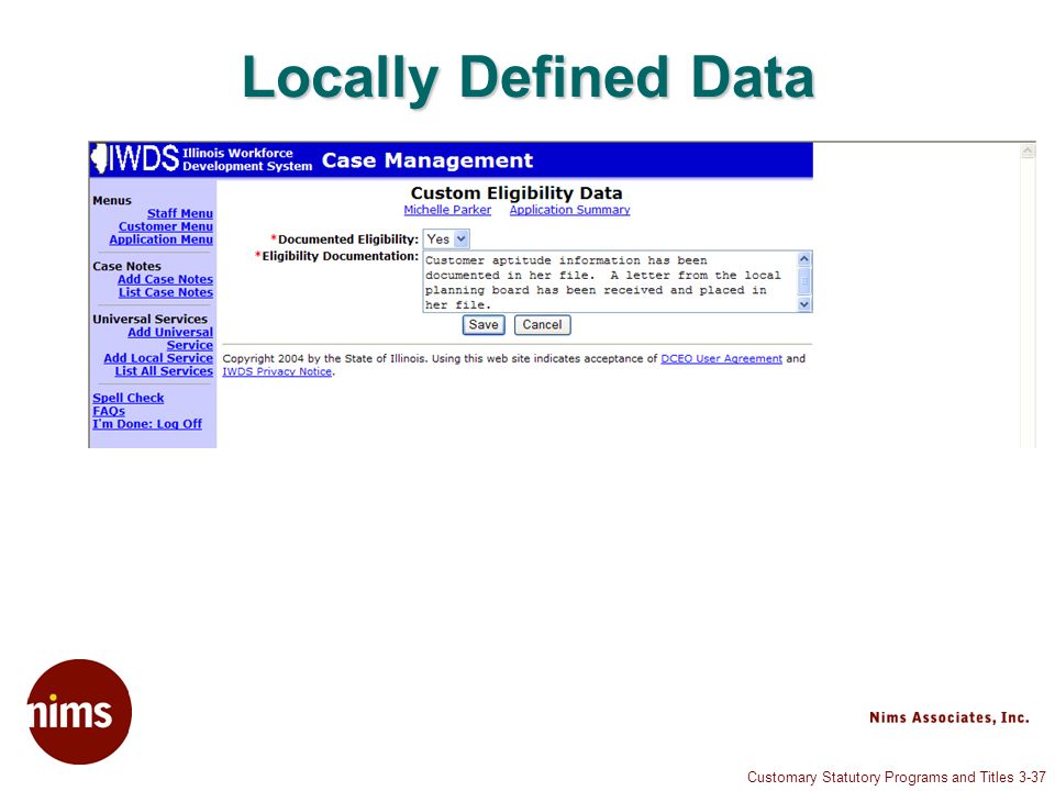 Customary Statutory Programs and Titles 3-37 Locally Defined Data