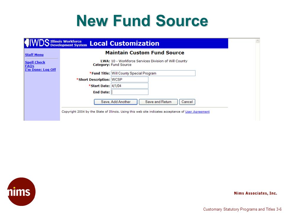 Customary Statutory Programs and Titles 3-6 New Fund Source