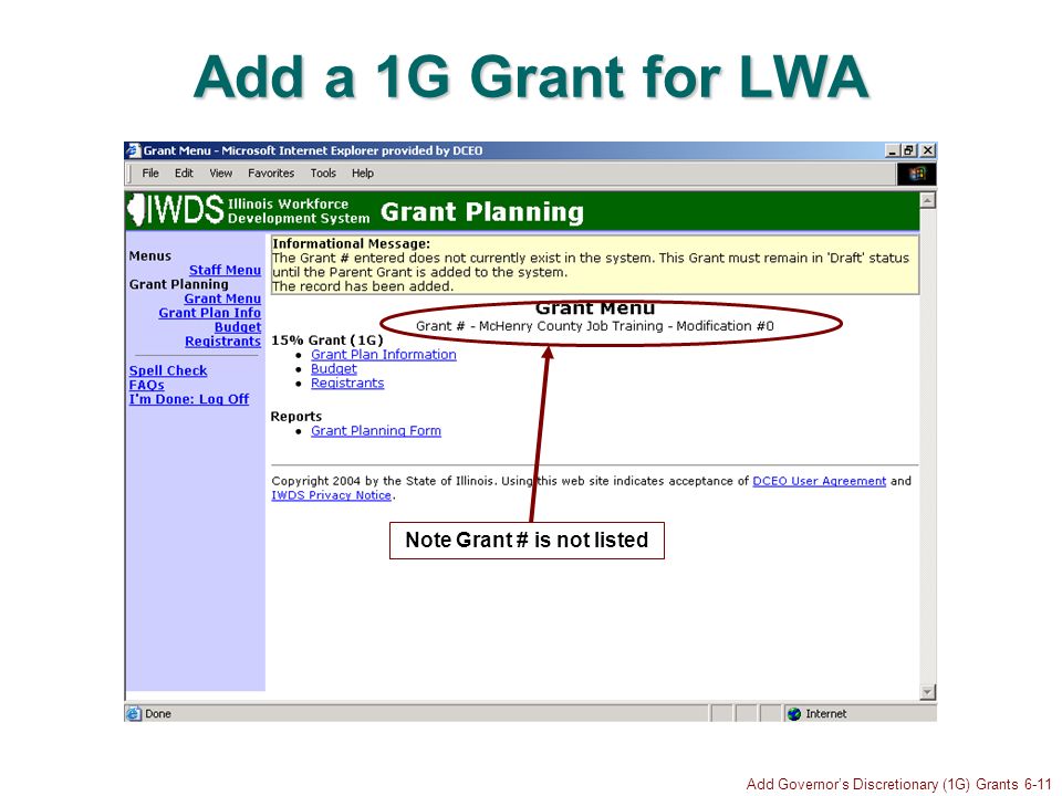Add Governors Discretionary (1G) Grants 6-11 Add a 1G Grant for LWA Note Grant # is not listed