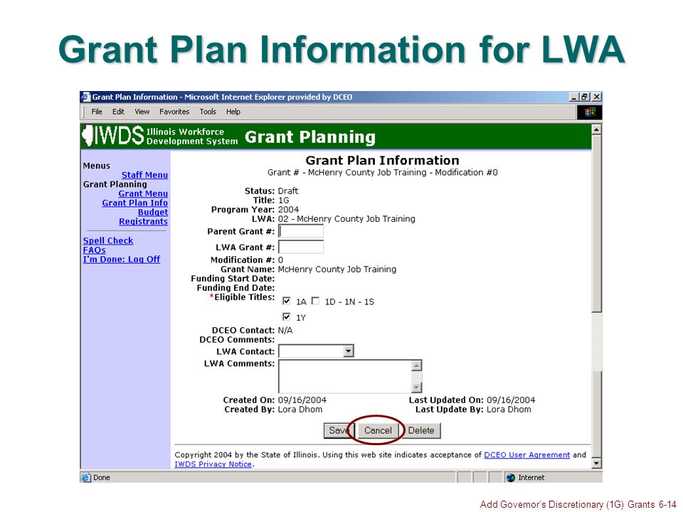 Add Governors Discretionary (1G) Grants 6-14 Grant Plan Information for LWA