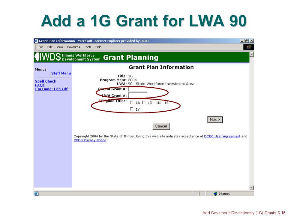 Add Governors Discretionary (1G) Grants 6-16 Add a 1G Grant for LWA 90
