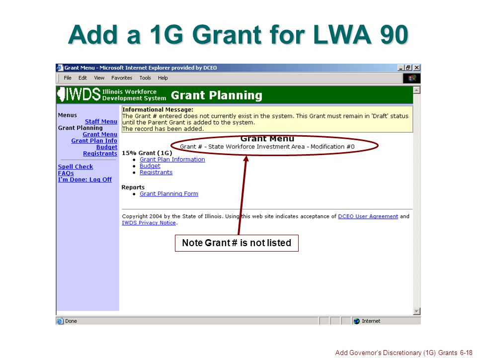 Add Governors Discretionary (1G) Grants 6-18 Add a 1G Grant for LWA 90 Note Grant # is not listed