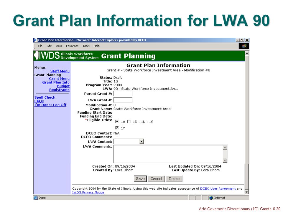 Add Governors Discretionary (1G) Grants 6-20 Grant Plan Information for LWA 90