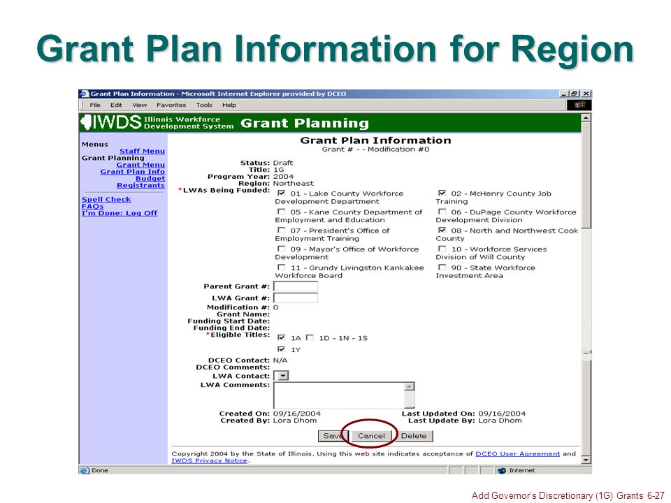 Add Governors Discretionary (1G) Grants 6-27 Grant Plan Information for Region