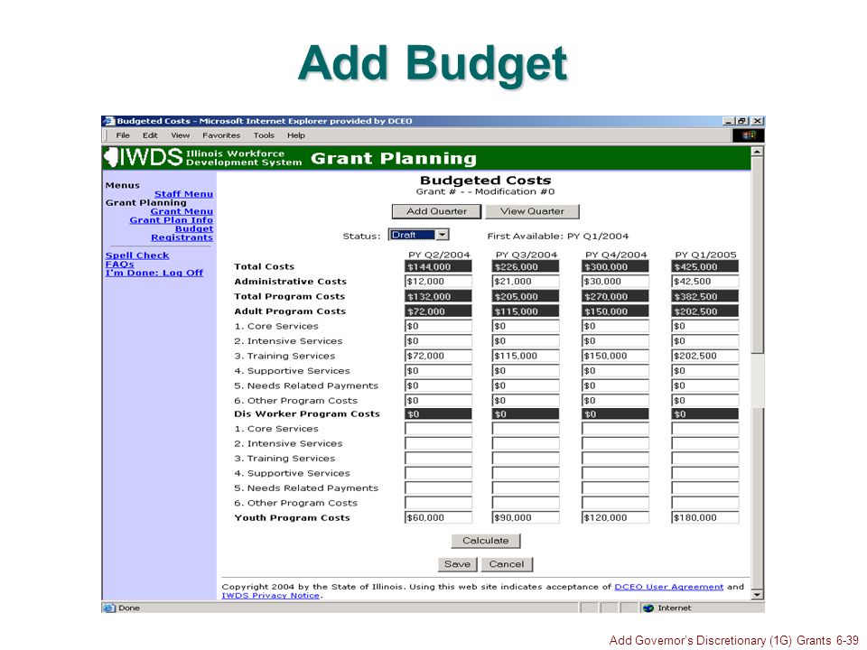 Add Governors Discretionary (1G) Grants 6-39 Add Budget