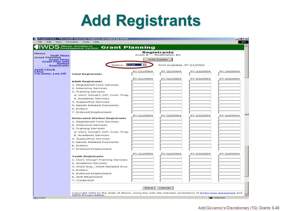 Add Governors Discretionary (1G) Grants 6-46 Add Registrants