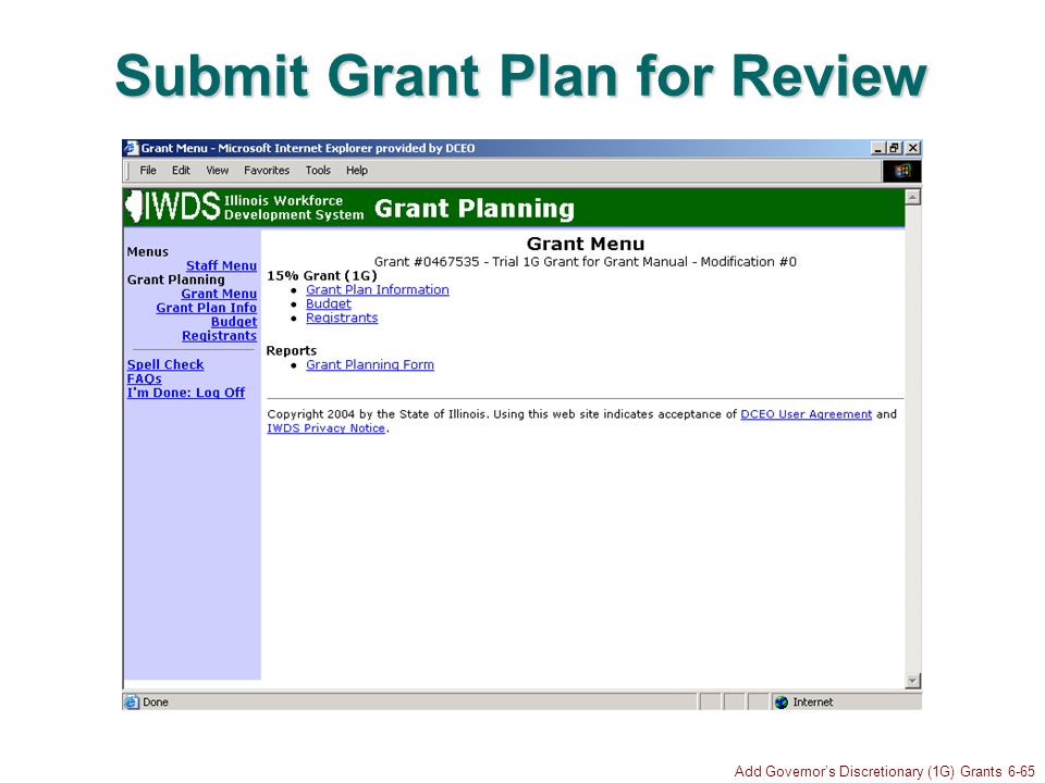 Add Governors Discretionary (1G) Grants 6-65 Submit Grant Plan for Review