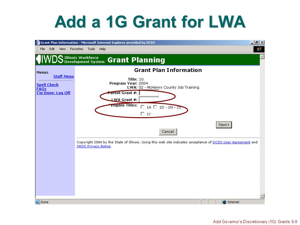 Add Governors Discretionary (1G) Grants 6-9 Add a 1G Grant for LWA