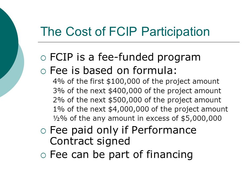 The Cost of FCIP Participation FCIP is a fee-funded program Fee is based on formula: 4% of the first $100,000 of the project amount 3% of the next $400,000 of the project amount 2% of the next $500,000 of the project amount 1% of the next $4,000,000 of the project amount ½% of the any amount in excess of $5,000,000 Fee paid only if Performance Contract signed Fee can be part of financing