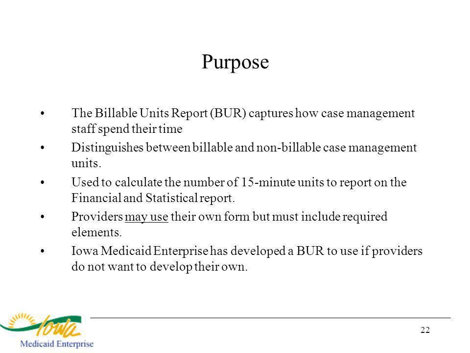 22 Purpose The Billable Units Report (BUR) captures how case management staff spend their time Distinguishes between billable and non-billable case management units.
