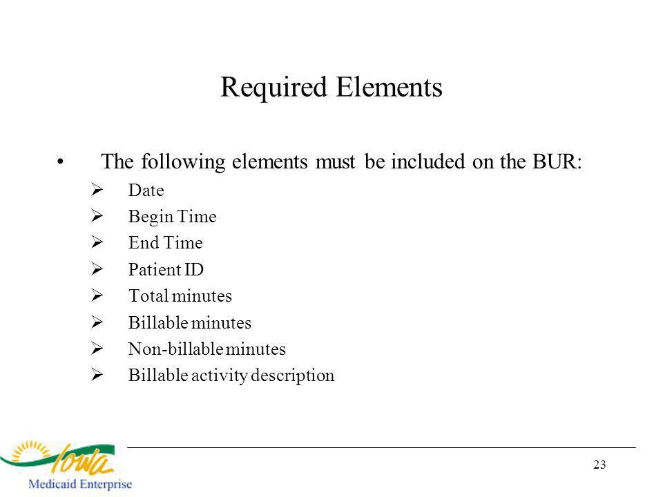 23 Required Elements The following elements must be included on the BUR: Date Begin Time End Time Patient ID Total minutes Billable minutes Non-billable minutes Billable activity description