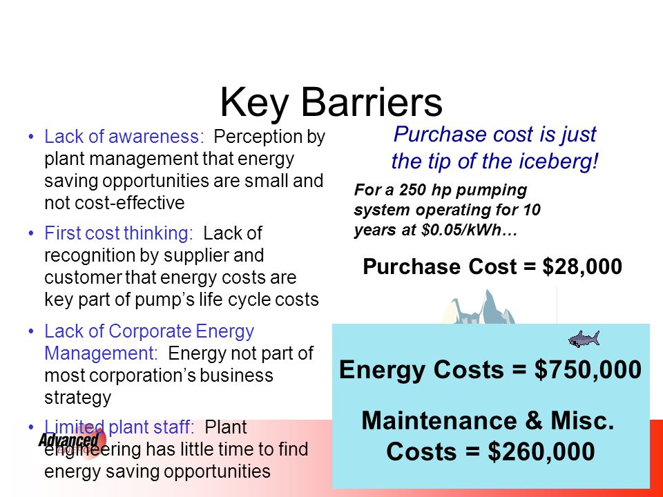 Key Barriers Lack of awareness: Perception by plant management that energy saving opportunities are small and not cost-effective For a 250 hp pumping system operating for 10 years at $0.05/kWh… Purchase Cost = $28,000 Energy Costs = $750,000 Maintenance & Misc.