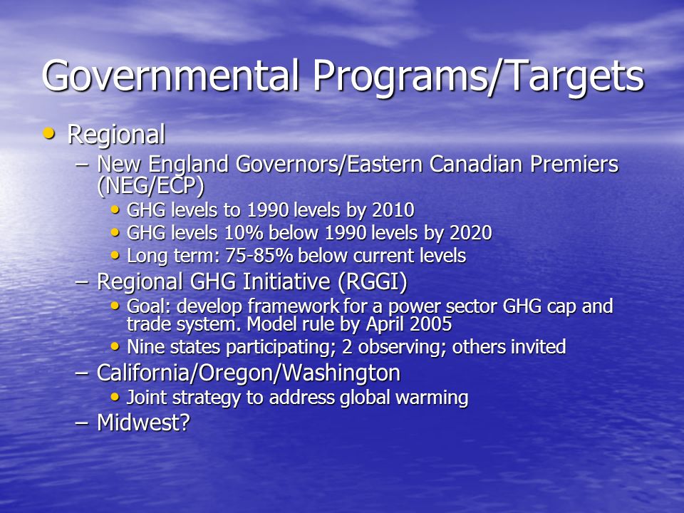 Governmental Programs/Targets Regional Regional –New England Governors/Eastern Canadian Premiers (NEG/ECP) GHG levels to 1990 levels by 2010 GHG levels to 1990 levels by 2010 GHG levels 10% below 1990 levels by 2020 GHG levels 10% below 1990 levels by 2020 Long term: 75-85% below current levels Long term: 75-85% below current levels –Regional GHG Initiative (RGGI) Goal: develop framework for a power sector GHG cap and trade system.