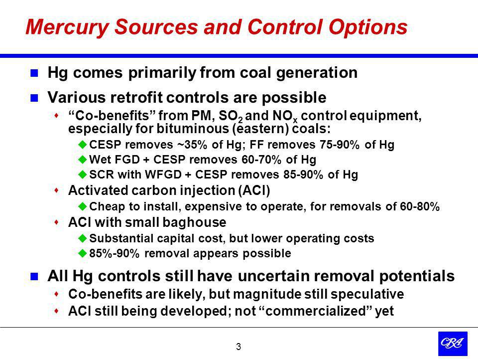 3 Mercury Sources and Control Options Hg comes primarily from coal generation Various retrofit controls are possible Co-benefits from PM, SO 2 and NO x control equipment, especially for bituminous (eastern) coals: CESP removes ~35% of Hg; FF removes 75-90% of Hg Wet FGD + CESP removes 60-70% of Hg SCR with WFGD + CESP removes 85-90% of Hg Activated carbon injection (ACI) Cheap to install, expensive to operate, for removals of 60-80% ACI with small baghouse Substantial capital cost, but lower operating costs 85%-90% removal appears possible All Hg controls still have uncertain removal potentials Co-benefits are likely, but magnitude still speculative ACI still being developed; not commercialized yet
