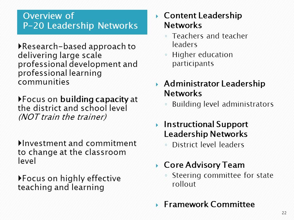 Overview of P-20 Leadership Networks 22 Research-based approach to delivering large scale professional development and professional learning communities Focus on building capacity at the district and school level (NOT train the trainer) Investment and commitment to change at the classroom level Focus on highly effective teaching and learning Content Leadership Networks Teachers and teacher leaders Higher education participants Administrator Leadership Networks Building level administrators Instructional Support Leadership Networks District level leaders Core Advisory Team Steering committee for state rollout Framework Committee