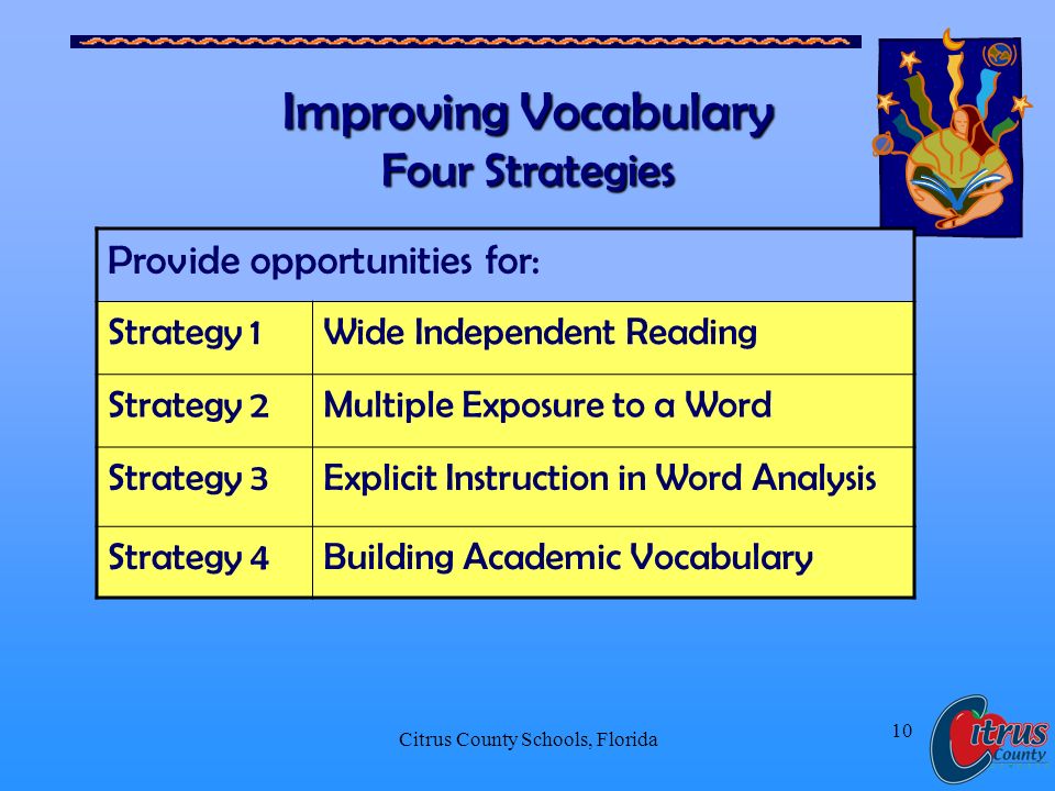 Citrus County Schools, Florida 10 Improving Vocabulary Four Strategies Provide opportunities for: Strategy 1Wide Independent Reading Strategy 2Multiple Exposure to a Word Strategy 3Explicit Instruction in Word Analysis Strategy 4Building Academic Vocabulary