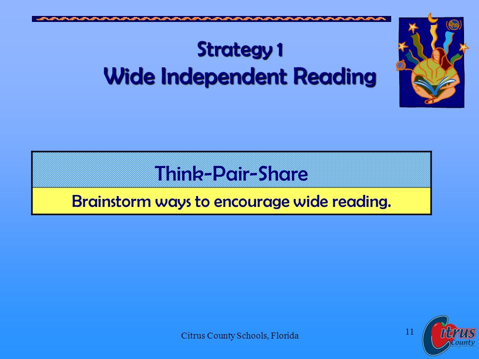 Citrus County Schools, Florida 11 Strategy 1 Wide Independent Reading Think-Pair-Share Brainstorm ways to encourage wide reading.