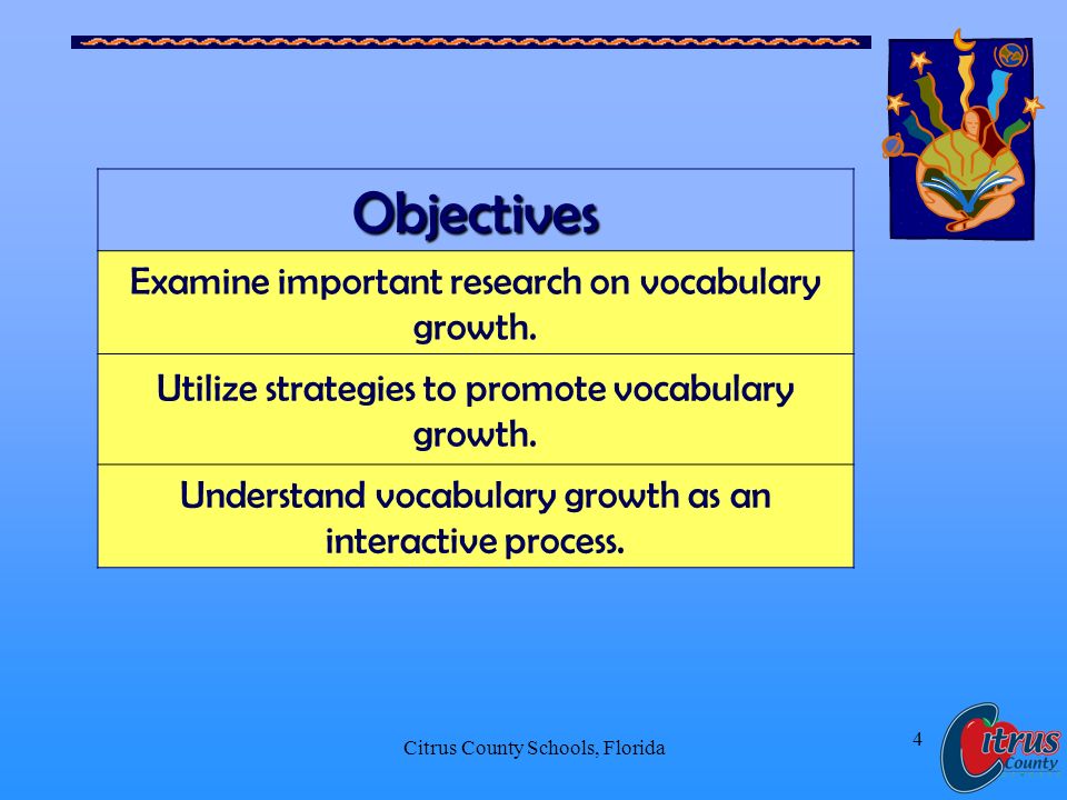 Citrus County Schools, Florida 4Objectives Examine important research on vocabulary growth.
