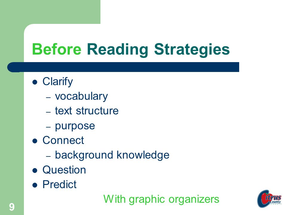 8 This is the framework… Before Reading During Reading After Reading