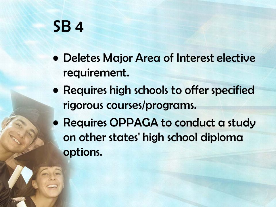 SB 4 Deletes Major Area of Interest elective requirement.