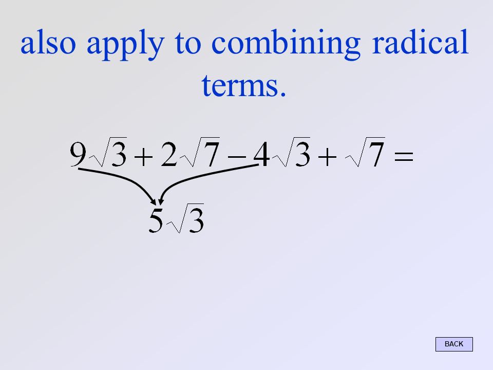 The rules that apply to combining like terms BACK