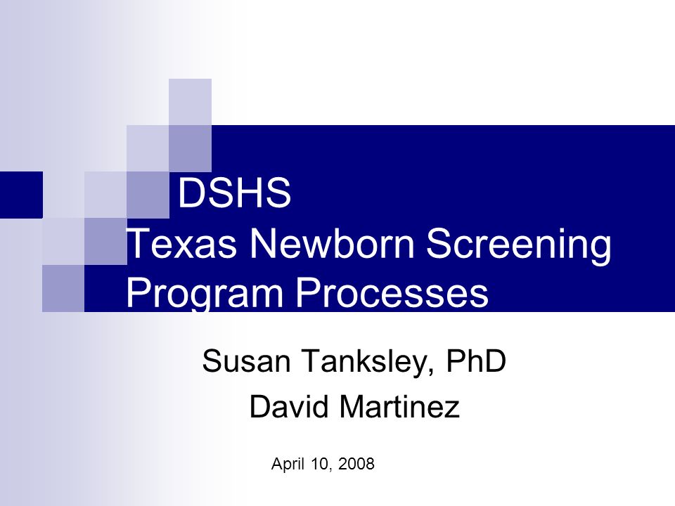 DSHS Texas Newborn Screening Program Processes Susan Tanksley, PhD David Martinez April 10, 2008