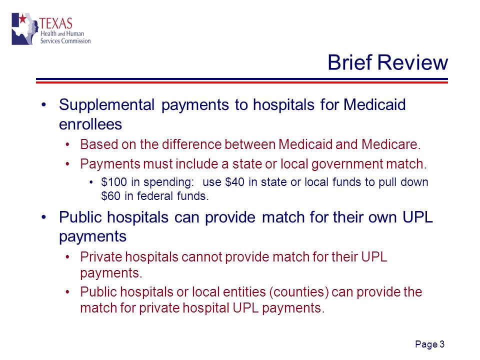 Page 3 Brief Review Supplemental payments to hospitals for Medicaid enrollees Based on the difference between Medicaid and Medicare.