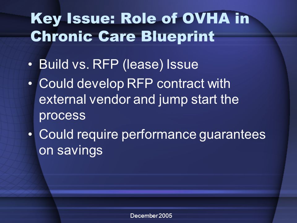 December 2005 Key Issue: Role of OVHA in Chronic Care Blueprint Build vs.