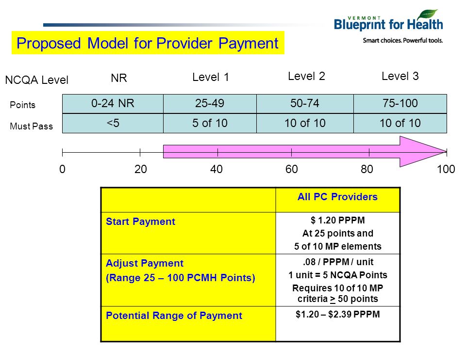 Proposed Model for Provider Payment All PC Providers Start Payment $ 1.20 PPPM At 25 points and 5 of 10 MP elements Adjust Payment (Range 25 – 100 PCMH Points).08 / PPPM / unit 1 unit = 5 NCQA Points Requires 10 of 10 MP criteria > 50 points Potential Range of Payment $1.20 – $2.39 PPPM NR NCQA Level Points Must Pass <55 of 1010 of 10 NR Level 1 Level 2Level 3