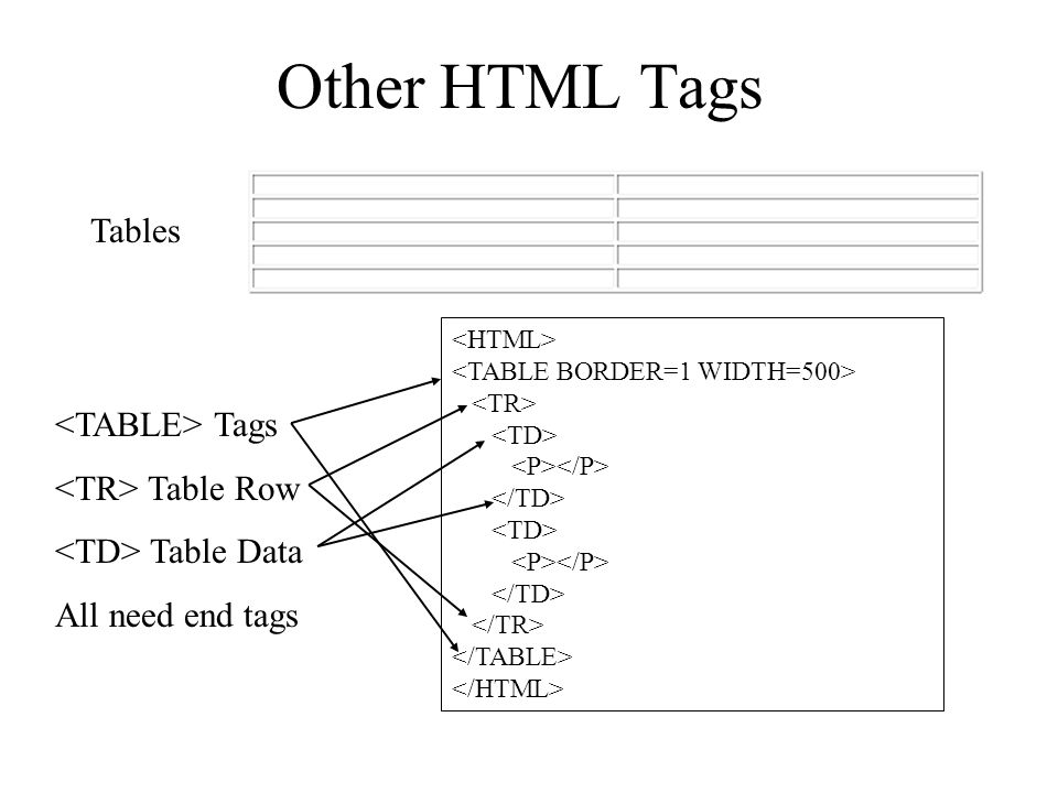 Other HTML Tags Tags Table Row Table Data All need end tags Tables