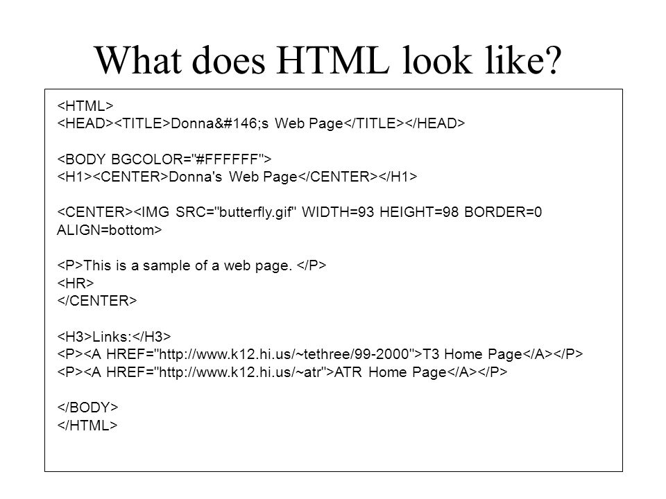 What does HTML look like. Donna’s Web Page Donna s Web Page This is a sample of a web page.