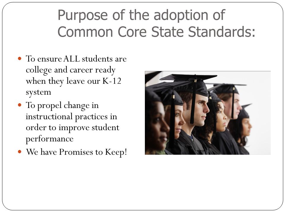Purpose of the adoption of Common Core State Standards: To ensure ALL students are college and career ready when they leave our K-12 system To propel change in instructional practices in order to improve student performance We have Promises to Keep!